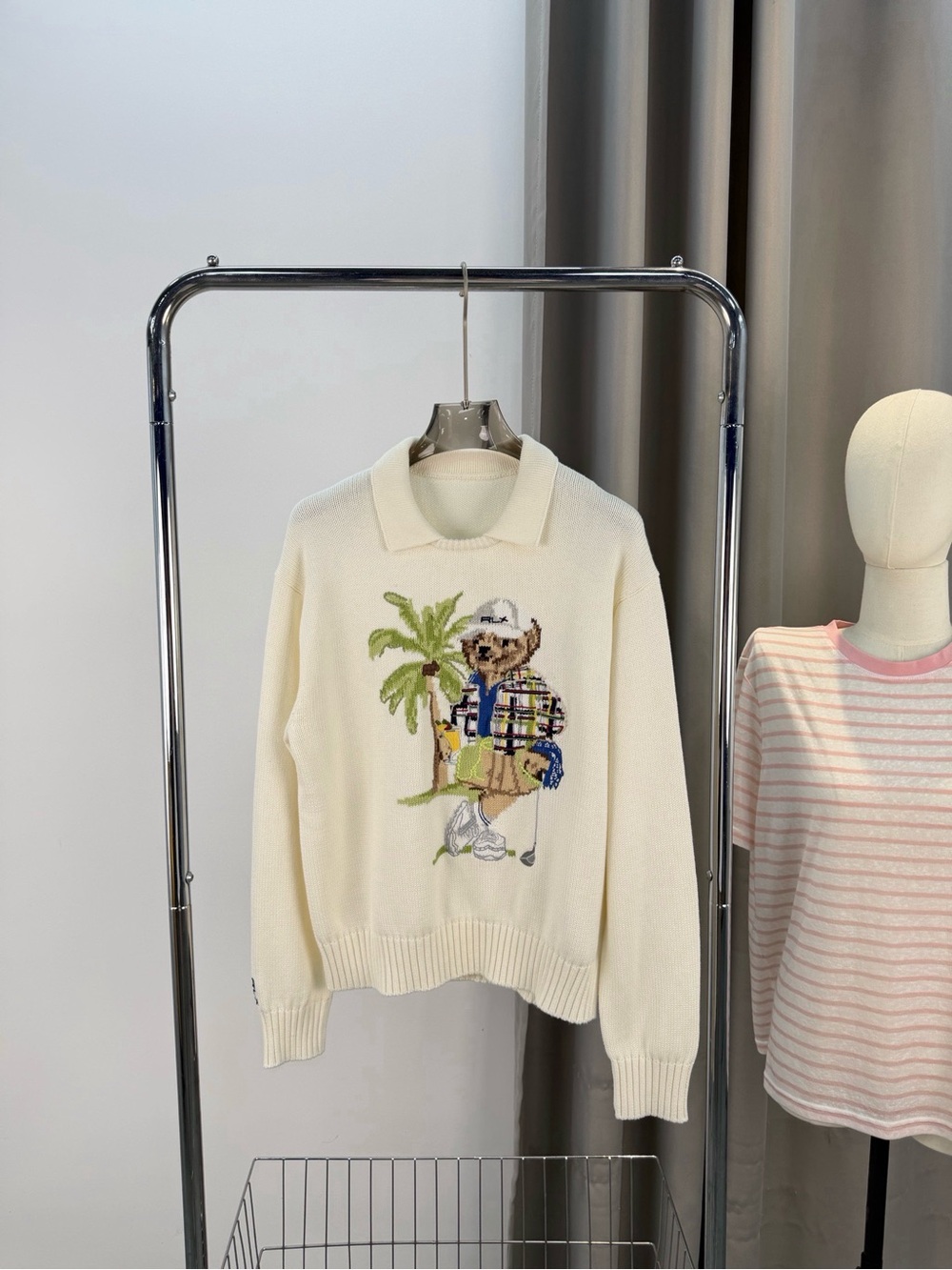Ralph Lauren Cream Polo Collar Sweater with Palm Tree Bear Motif
